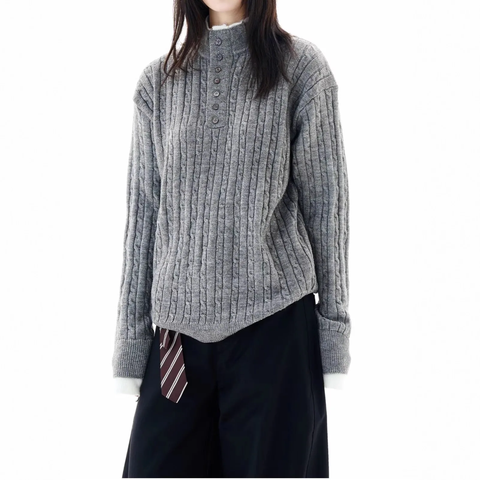 

Women Knitting Base Layer 2025 Autumn New Turtleneck Sweater Half Button Fake Two Piece Long Sleeve Pullover Soft Warm Knitted