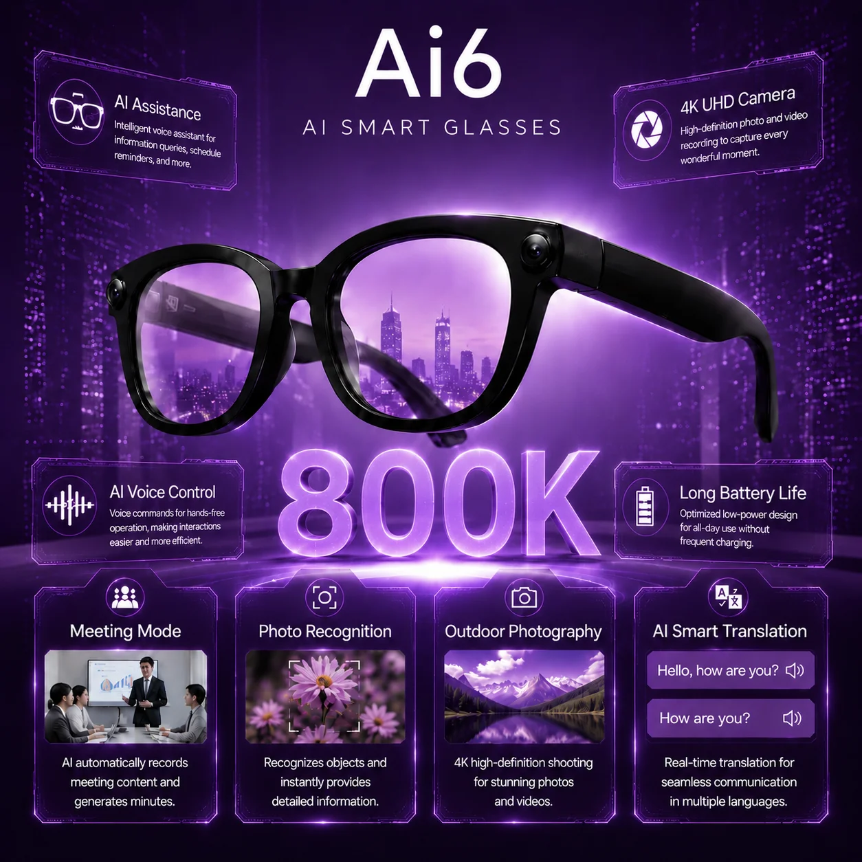 800W Pixel Camera Smart AI Glasses HD Video Record Translation Photochromic Lenses Bluetooth Call Music Multifunction Glasses