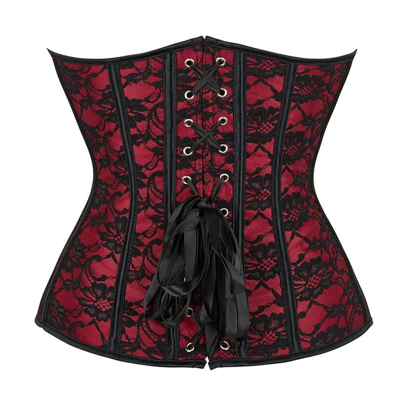 Red Satin & Black Floral Lace Patchwork Vintage Corset Overbust Steampunk Espartilhos Sexy Lingerie Gothic Bustier Top For Women