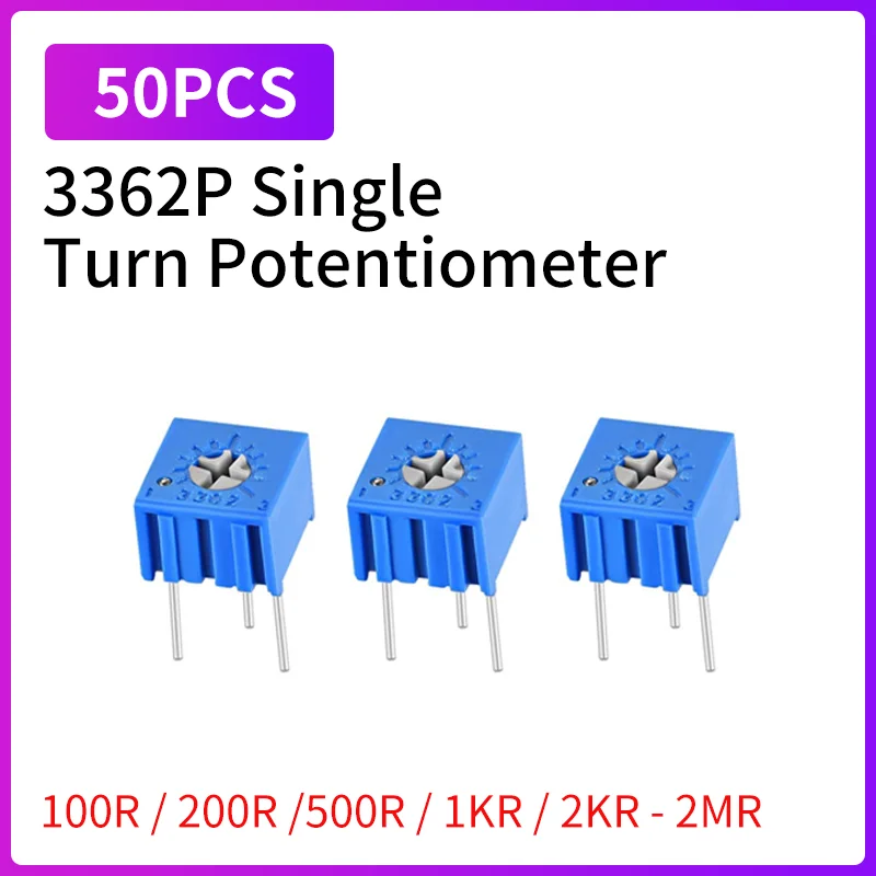 50PCS 3362P Trimmer Potentiometer Variable Resistor Adjustable 100R 1K 2K 5K 10K 20K 50K 100K 1MΩ Multi-Turn Trim Pot 3362 Seri
