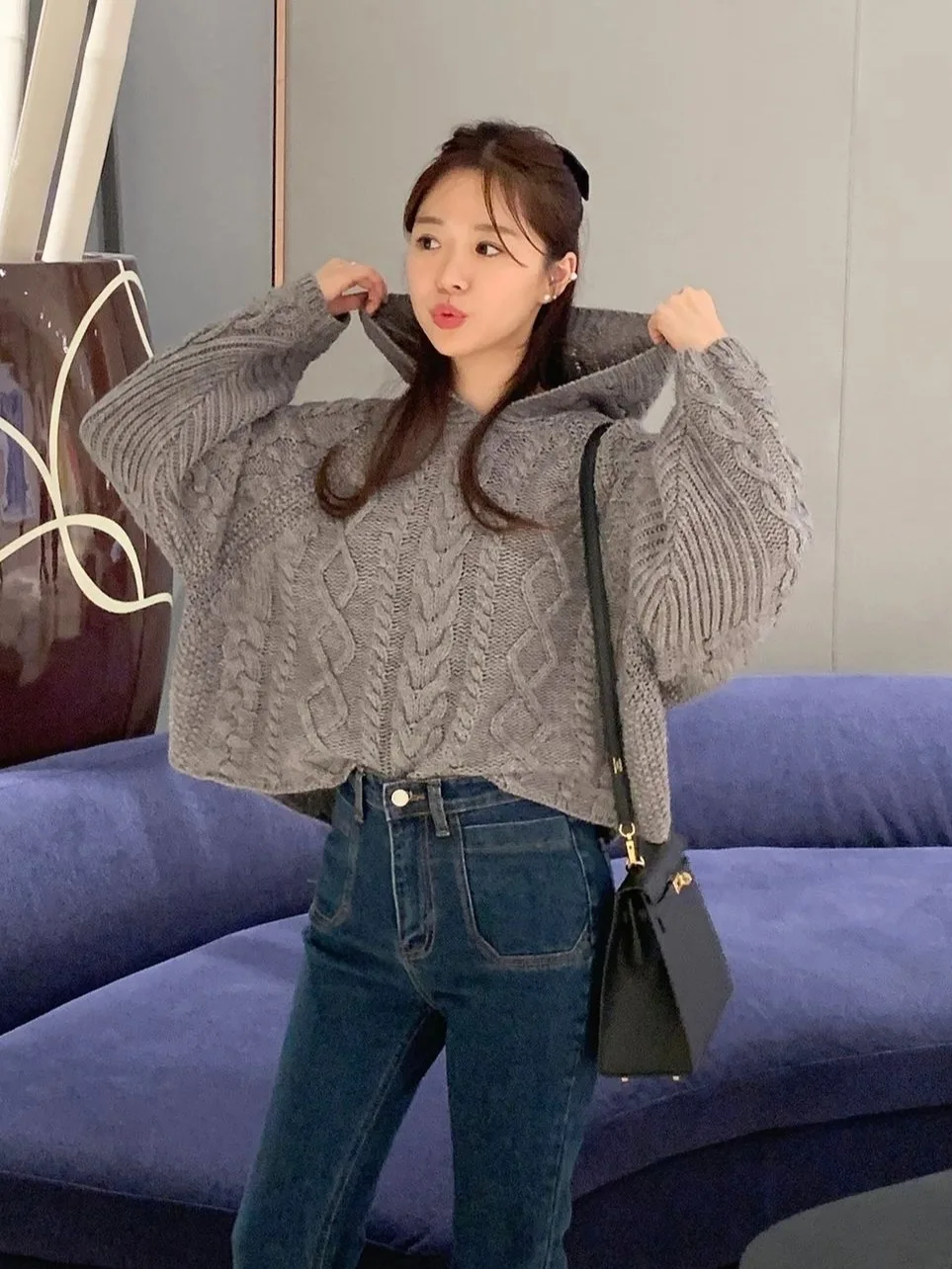 Chic Autumn Winter Loose Casual Small Size Long Sve Knitted Sweater Women's Comfortable Lazy Sle Hat Knitted Sweater