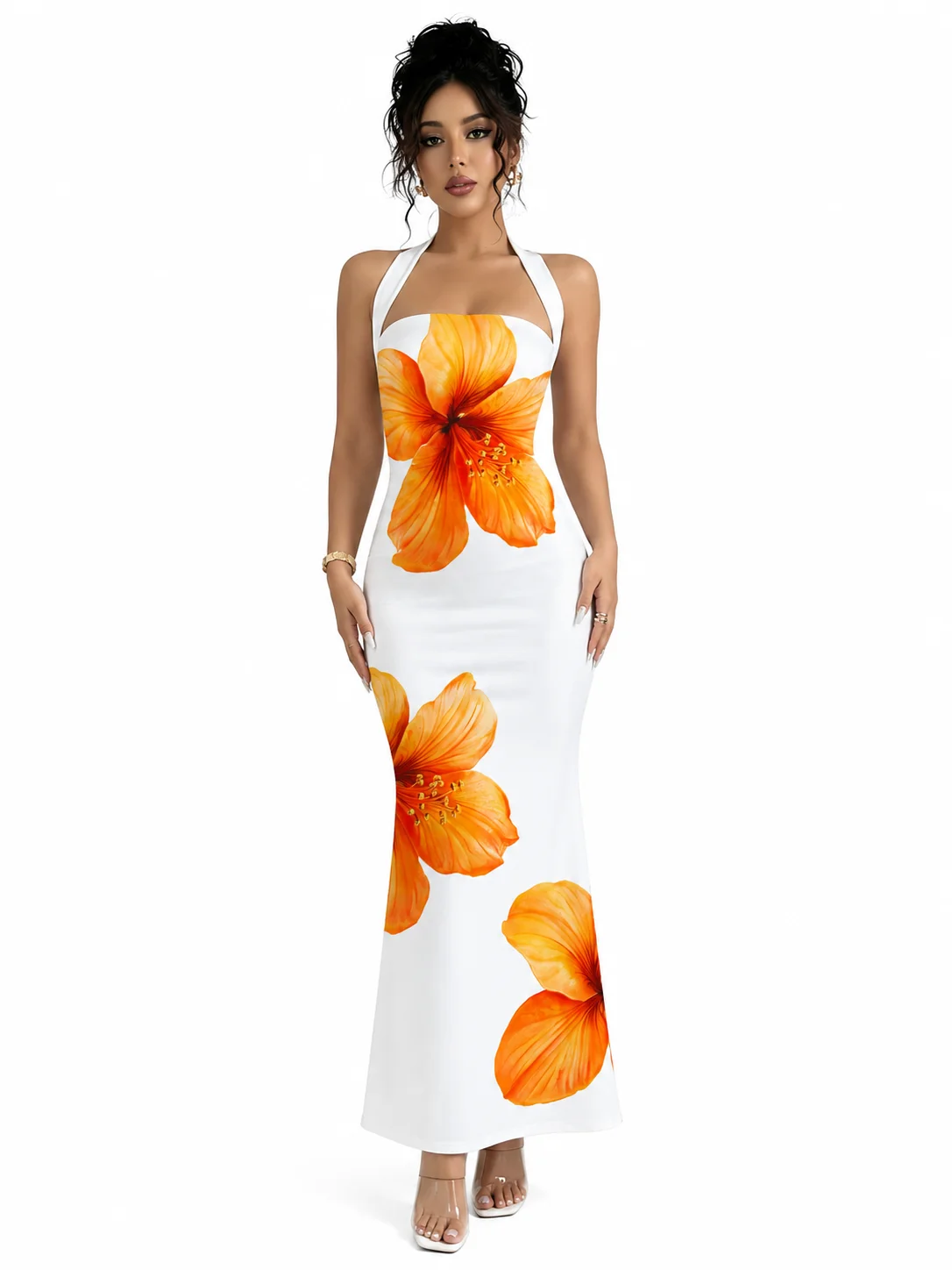 Elegant Floral Print Halter Midi Mermaid Dress
