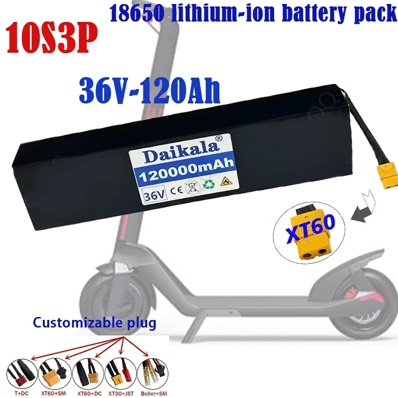 

New10S3P 36V 120Ah 18650 lithium-ion battery pack 500W,suitable for high-power electric scooters and 42V chargers, free shipping