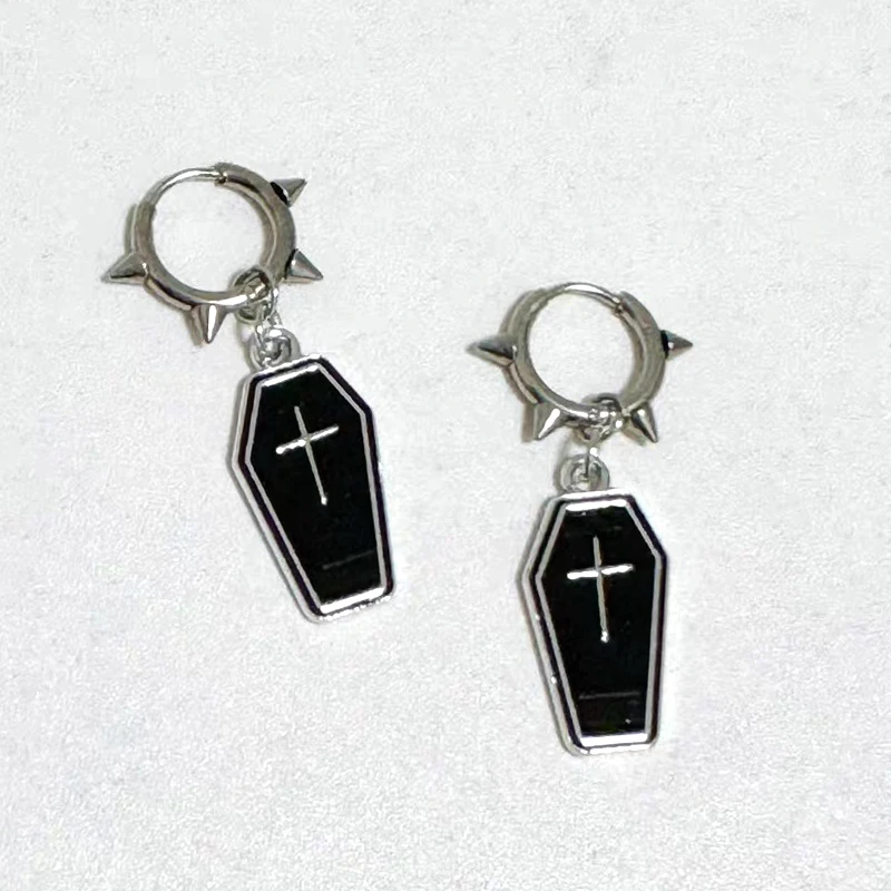 

Goth Jewelry Coffin Cross Earrings for Women Punk Charms Rivet Hoop Earrings Grunge Rock Accessories Korean Fashion