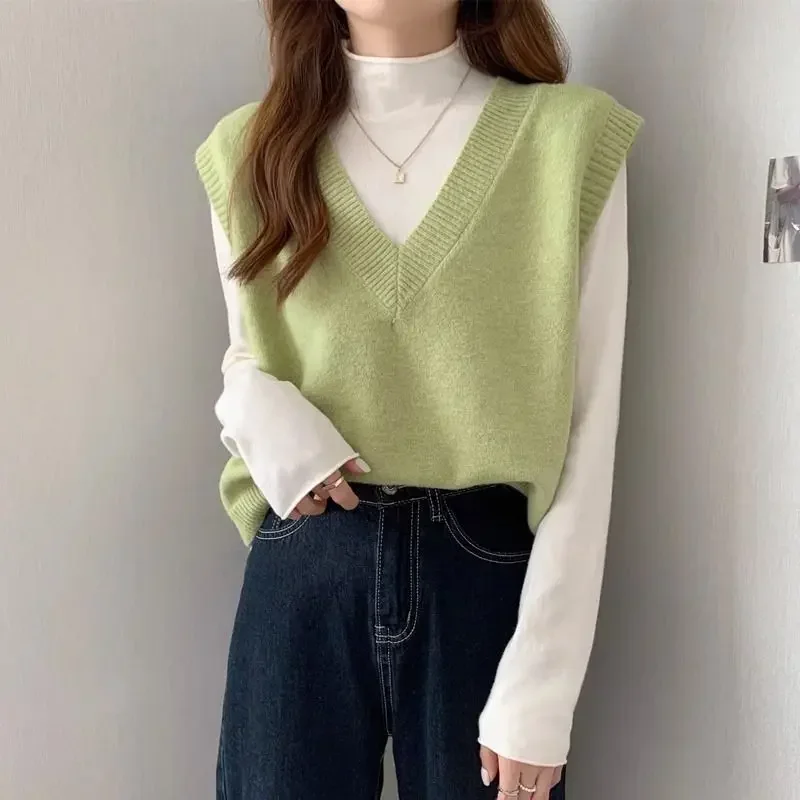 Women\'s Sweater Yellow Vest Short Knit Tops for Woman Green Crop V-neck Korean Style Winter Thermal Blouse Tall Long Sleeve Warm