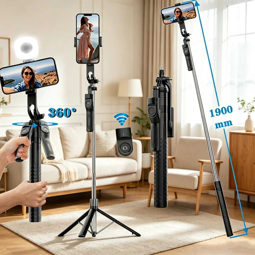FANGTUOSI 1900mm Wireless Selfie Stick Tripod Stand Foldable Monopod With Led Light For Smartphones Balance Steady Shooting Live view 5