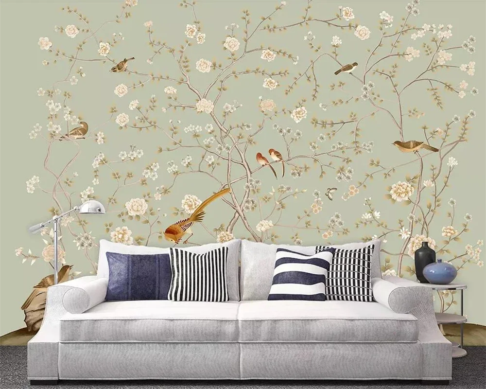 

Custom Self Adhesive wallpaper photo Chinese HD hand-painted pen and bird picture TV sofa living room bedroom murals Waterproof