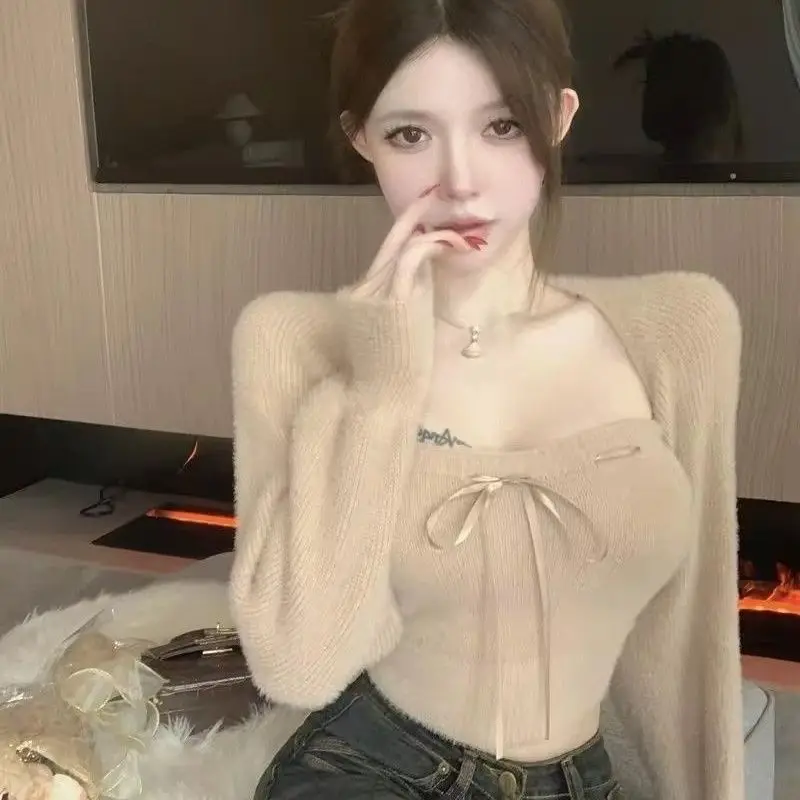 Tanks Sexy Camis Tops Bow Tie Strapless Sleeved Cardigan Knitted Sweaters for Women 2 Set Cropped Korean Fashion Pull Femme