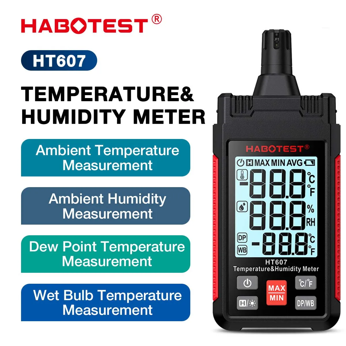 

HABOTEST HT607 Digital Temperature Humidity Meter Professional Laboratory Thermo-Hygrometer Farm Plastic Shed Moisture Meter