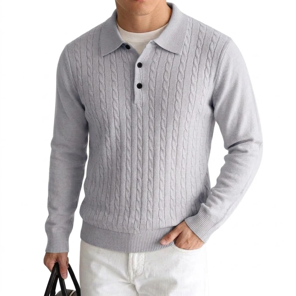 Neue Kabelstrick-Polopullover für Herren, Langarm, lässig, mit Knopfleiste, Vintage-Pulloverhemd, schmal geschnitten, gerippt, Winter-Reversoberteil – Detail 5