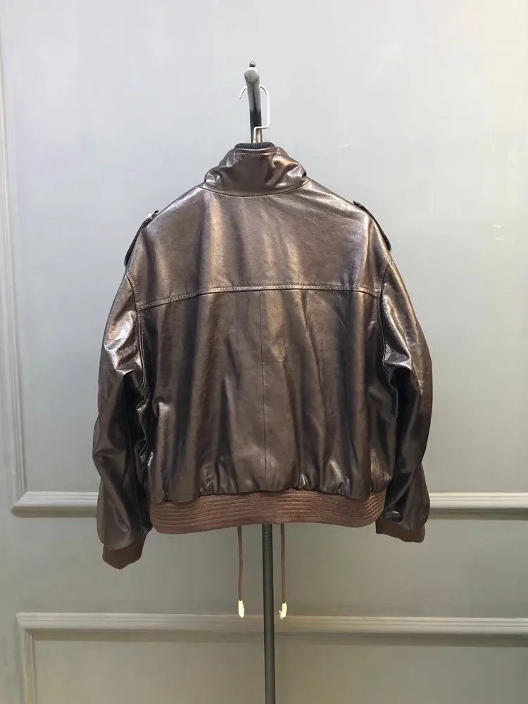 Vintage Women Loose Fit Casual Stand Collar Bomber Jacket Autumn Sheepskin Genuine Leather Jacket Motorcycle Biker Outwear Coat