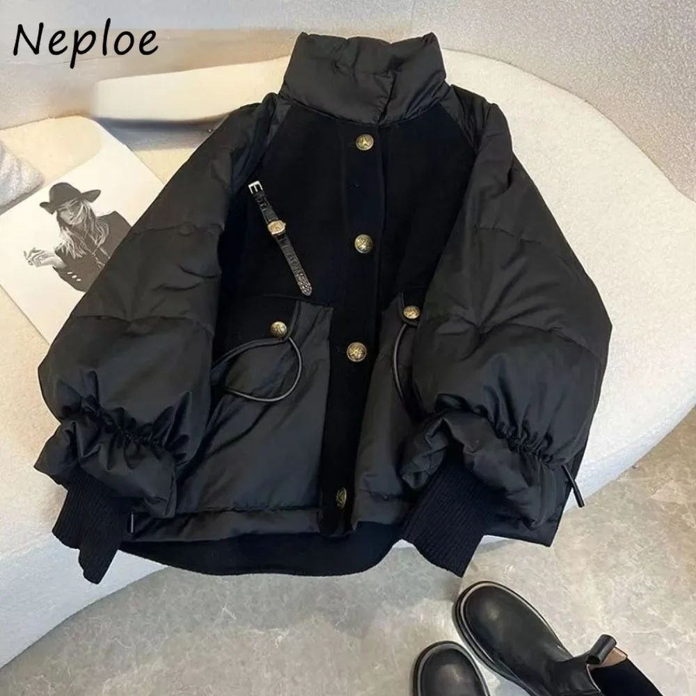 Neploe Warm 2024 Autumn New Stand Collar Coat Lace Up Velvet Drawstring Exquisite Jacket Korea Patchwork Lazy Loose Parkas