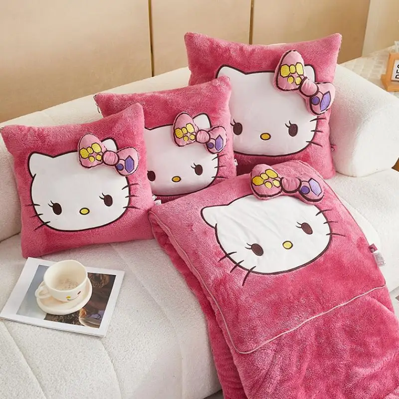 Pelúcia HelloKitty Lance Travesseiro Cobertores, 2 em 1, Flanela Kawaii, Espessamento Sesta Cobertor, Sala e Decoração Do Quarto