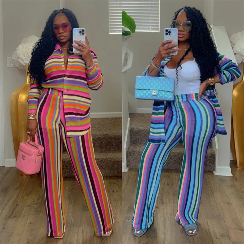 Color Gestreepte Print Casual Broek Sets Dames 2 Delige Outfit Zomer Turn-Down Kraag Button Up Shirt Top En Wijde Pijpen Broek Pak