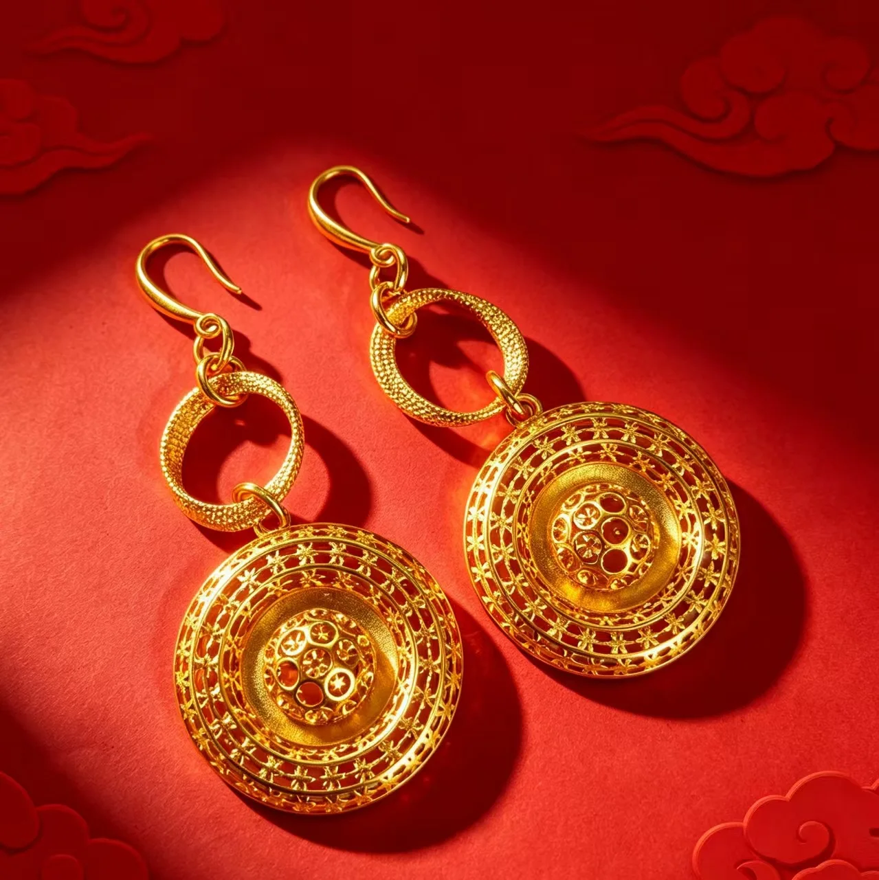Round hollow rings symbolize perfection and completeness, this women's earrings constructed with AU999 pure gold