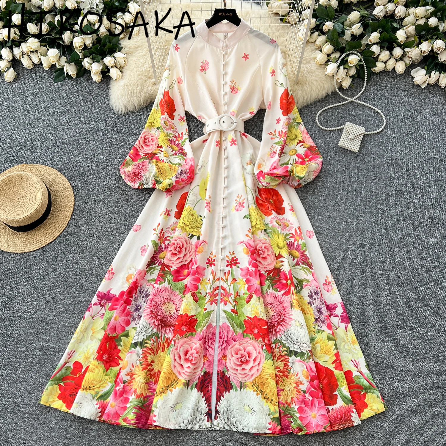 

Stand Collar Lantern Sleeve Big Swing Dress Court Style Vintage Floral Print A-line Robes Spring Summer Chic Vestidos Mujer