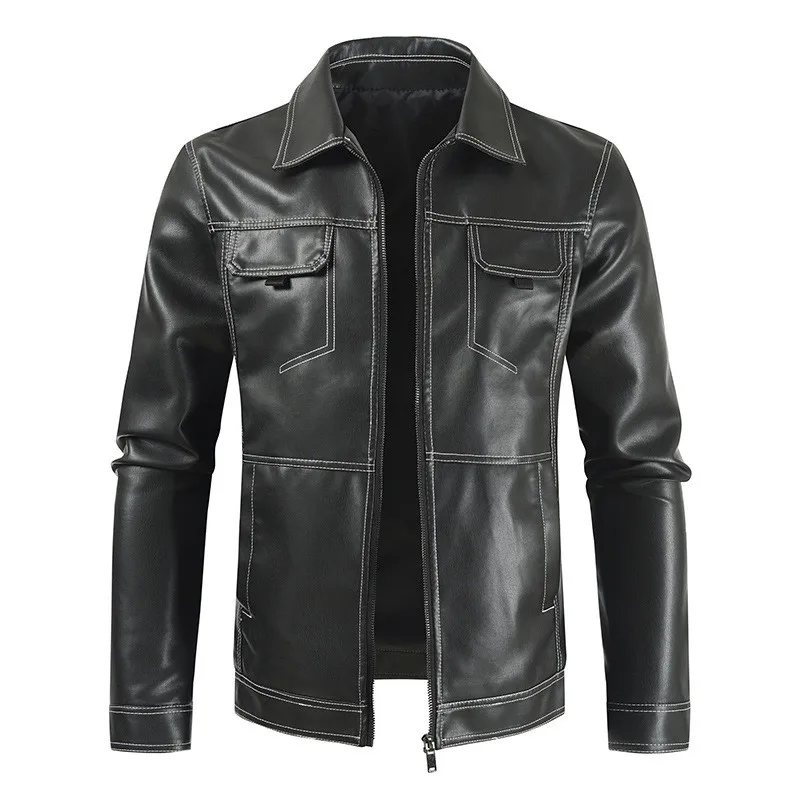 

Men's Zipper Stand Collar Leather Jackets Windproof Waterproof Outwear Coats Motorcycle Bilker Jacket Fit Slim Baseball Clothes