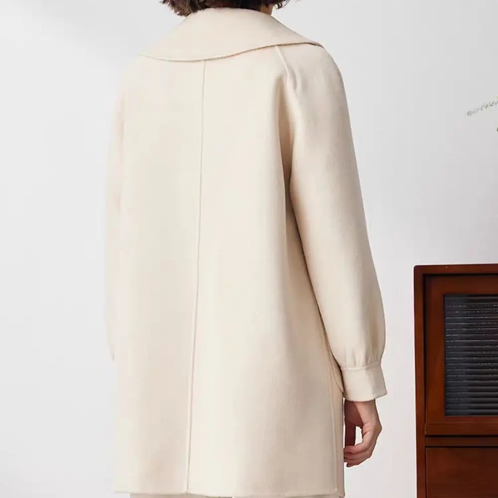 

Mid Length Woolen Coat Women Flip Collar Heart-shaped Buckle Long Sleeve Cardigan Chic Autumn Winter Windproof Coats Streetwear