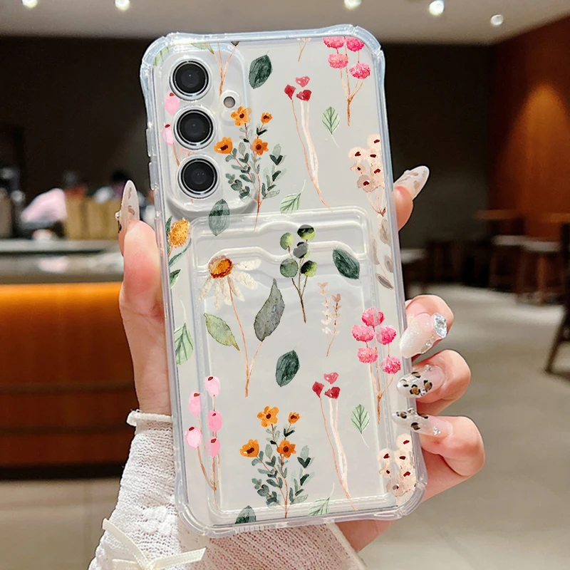 Card Slot Flower Buds Case For Samsung Galaxy S24 S26 S23 S22 S25 Ultra Edge S21 FE A34 A15 A25 A35 A16 A36 A56 A55 A54 5G Capa