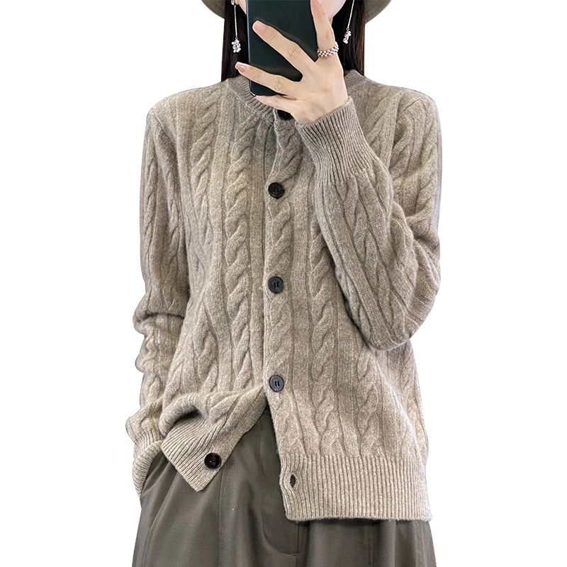 

Twisted O-neck Cardigan Autumn Winter 100% Merino Wool Sweater Woman Casual Loose Clothes Thick Soft Warm Knitwear Fashion Tops