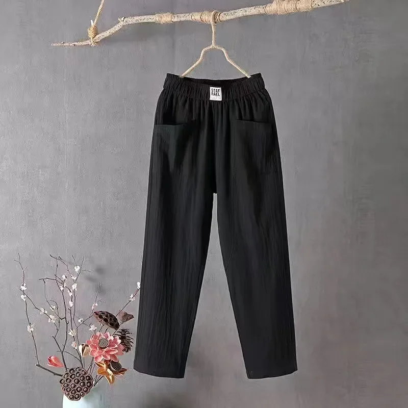 Women Loose Casual Pocket Cotton Linen Long Straight Pants Cropped Harlan Pants