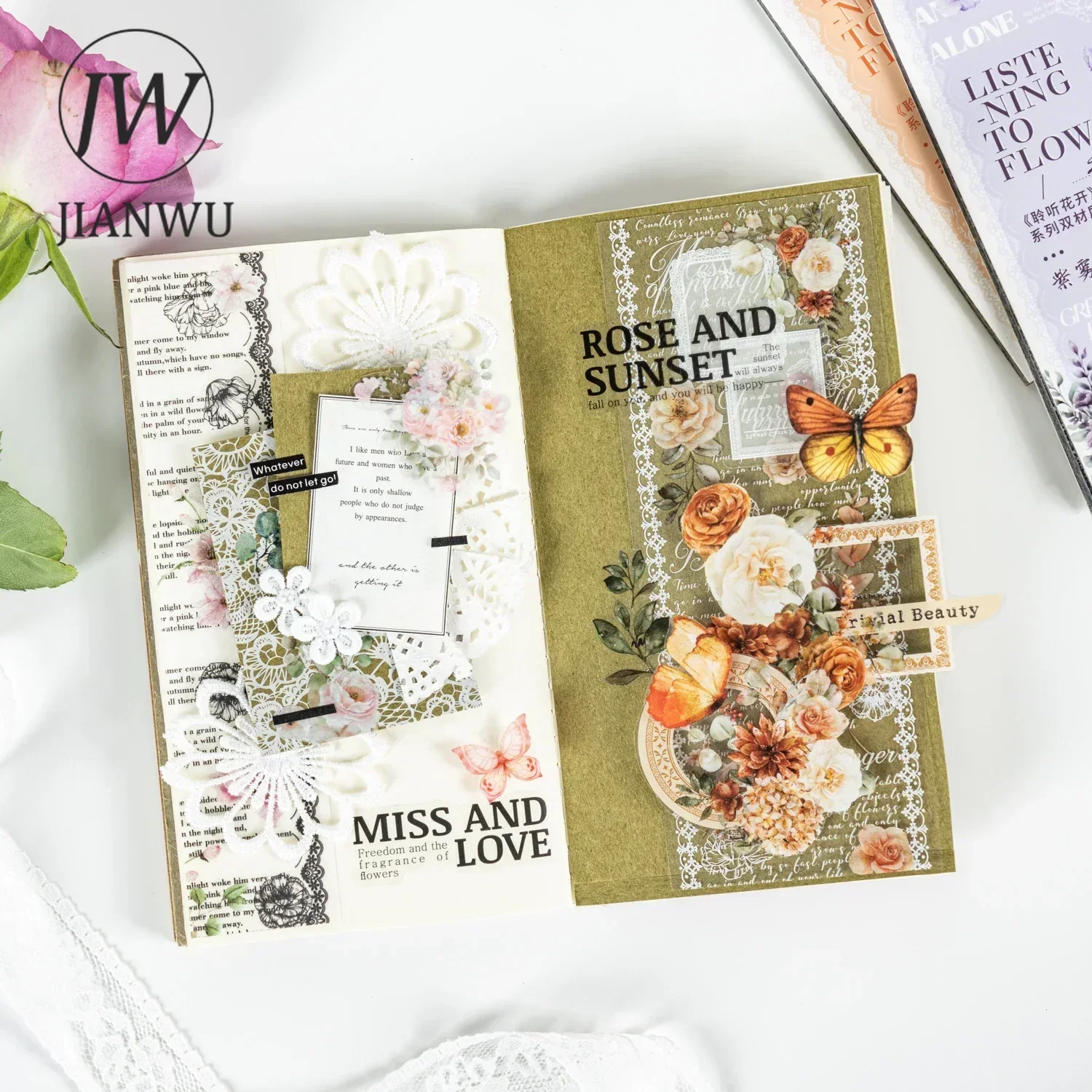 JIANWU Listen To The Flower Series Vintage Lace Floral Landscaping Material Collage Sticker Book Creative DIY Journal Stationery