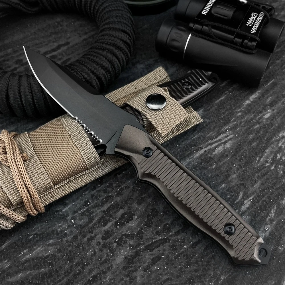 140BK Fixed Blade Straight Knife, Serrated & Plain Combo Blade, Lightweight Aluminum Handle, Outdoor Camping Hiking Utility Tool
