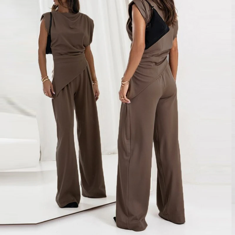 

Temperament Irregular Sleeveless Vest Tops And Straight Pants Suit Office Ladies Solid Color Commute Two Piece Sets 2025 Outfits