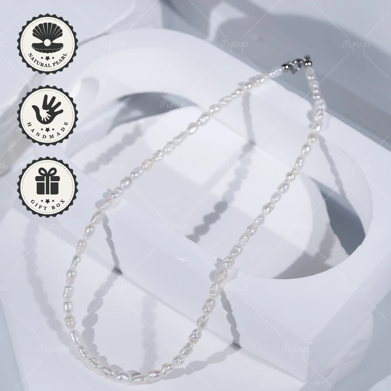 

MYSOYA 3-4mm White Rice-Shaped Baroque Freshwater Pearl Necklace with Silvery Round Clasp, Birthday Gift, Valentine’s Day