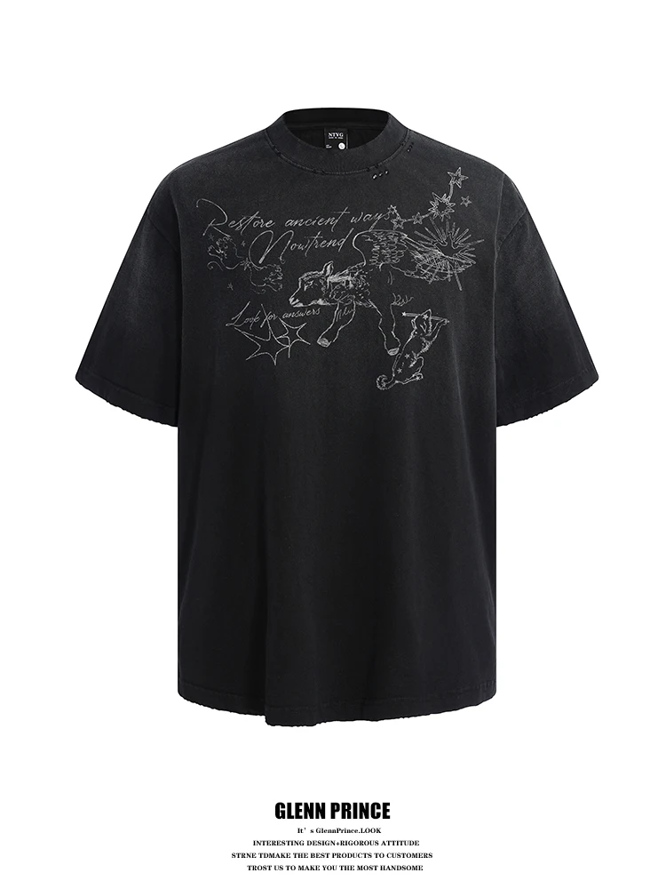 

GPstudio American Style Heavyweight 300G Washed Hand-Painted Print Short-Sleeve T-Shirt Men Summer INS Streetwear Top