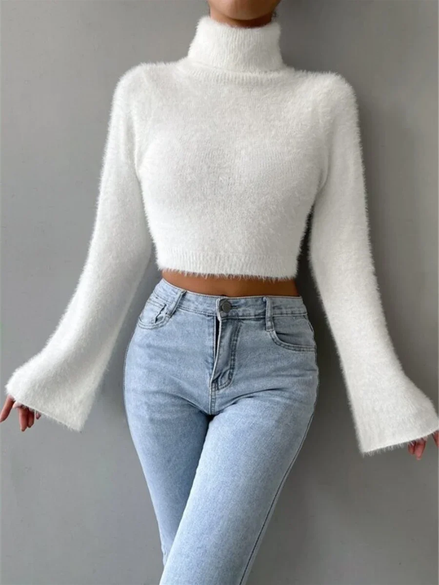 Bornladies Autumn Winter Turtleneck Short Sweater Stylish Ladies Plush Knitted Long Sleeved Solid Warm Women\'s Knitted Pullover