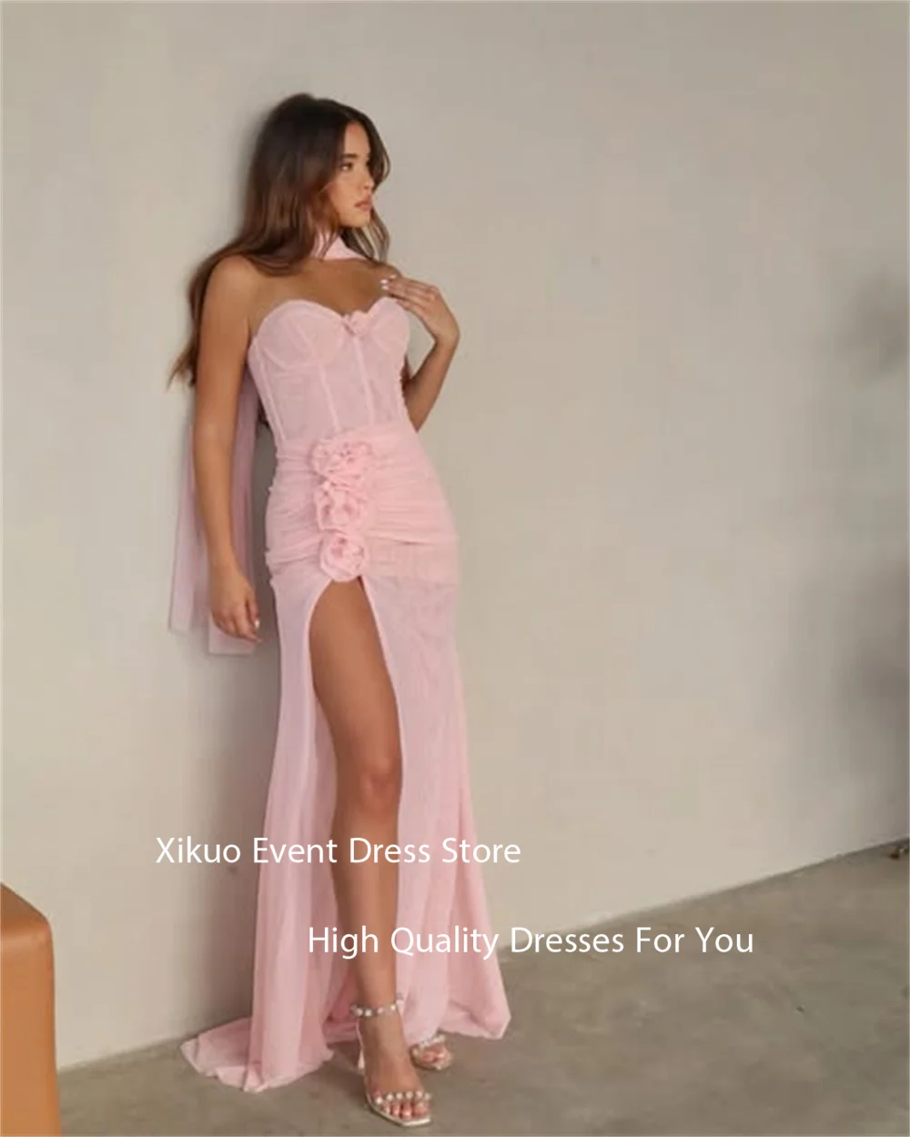 Xikuo Graceful Pink Chiffon Evening Gowns Sweetheart Vestidos De Fiesta High Side Slit Mermaid  3D Flower Party Dress Customized