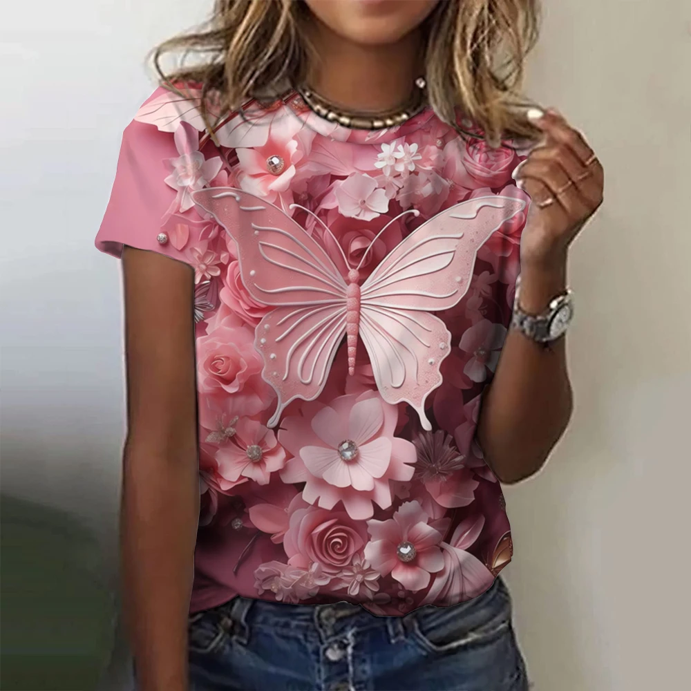 2024 Fashion Woman T Shirt 3d Butterfly Print Crew Neck Short Sleeve Tee Luxury Female T-Shirts Oversized Y2k Clothing For Girls