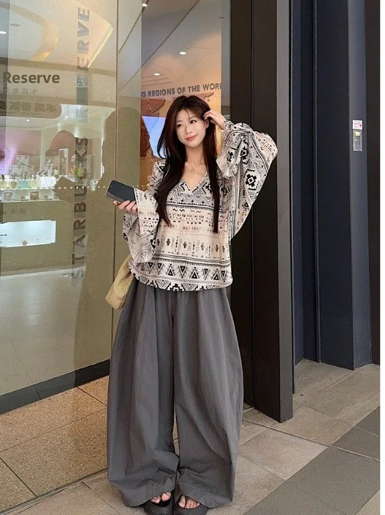 

plus Size Women's Retro Vaion Sle Loose Long Sve Top And High Waist Wide Leg Casual Pants Set Autumn New Arrival