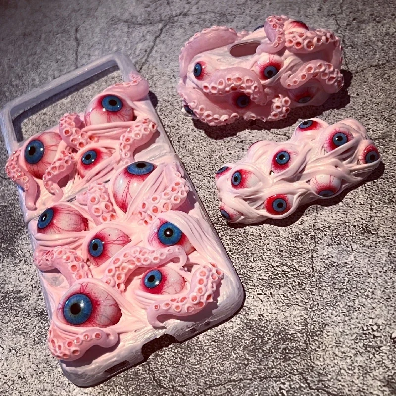 4091 Original 3D hecho a mano funda para teléfono móvil Cthulhu ojos de tentáculo gótico oscuro estilo Punk rosa personalizado regalo de Navidad y Halloween