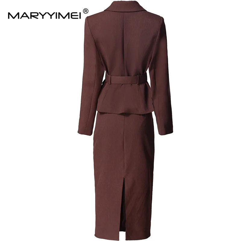 MARYYIMEI Women\'s Elegant Office and Business Suit Long Sleeved  Double-Breasted Tops+ Slim-Fit Hip Wrap Skirt 2 piece set