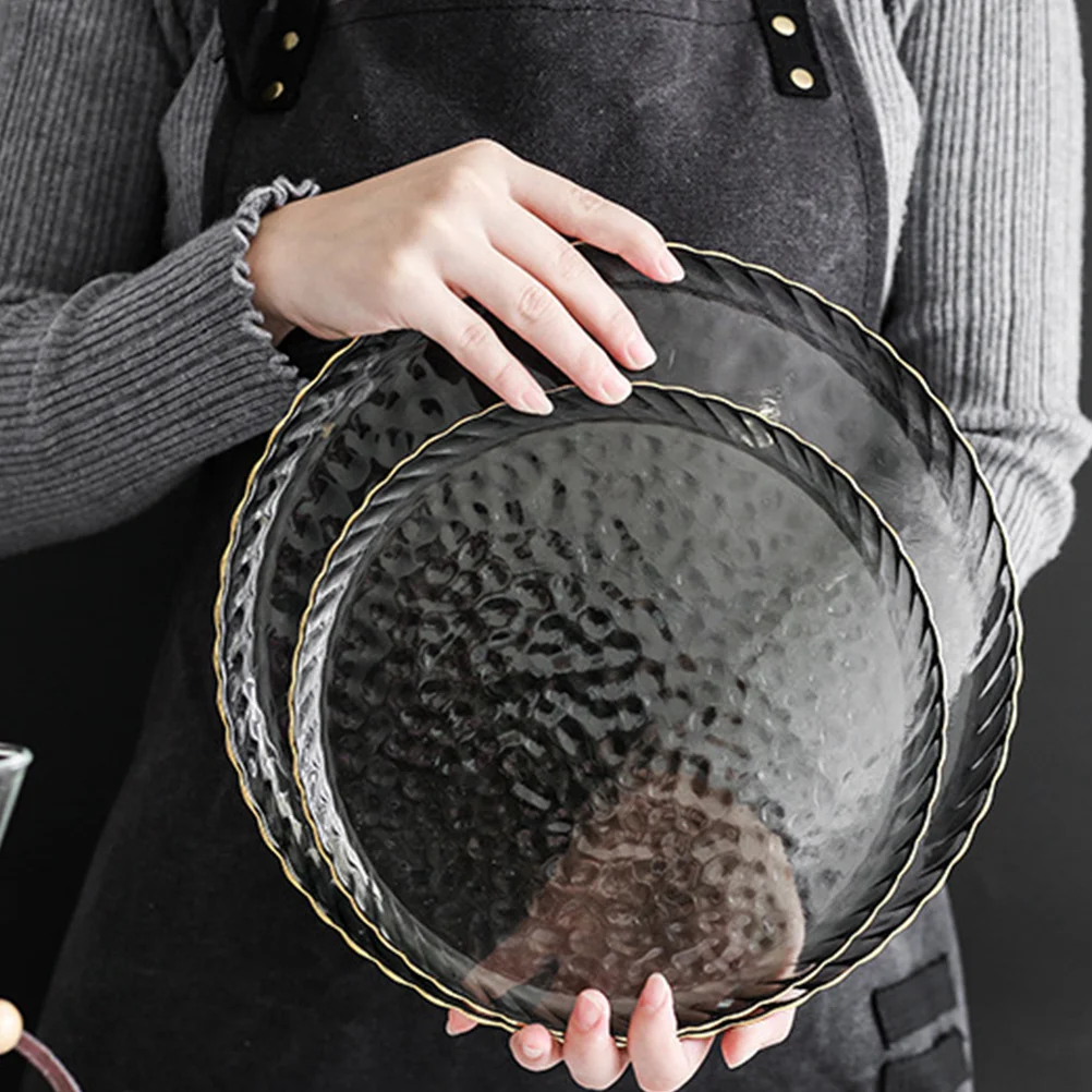 

1Pcs Steak Plate European Style Gilt Glass Lead Free Transparent Food Container Simple Tableware Steak Plate