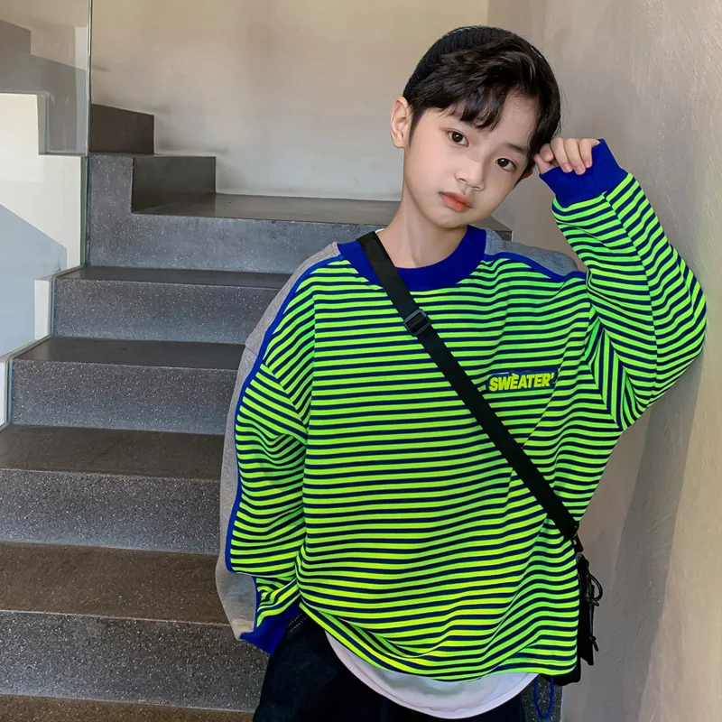 

Boys 2022 Top Long Sleeve Fashion Sweatshirt Autumn Winter Thick Children's Clothing Striped Print Korean Sport Loose Clothes