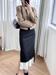 Autumn Winter New Vintage Houndstooth Tweed Jacket Women Metal Buttons Long Sleeve O-Neck Commuting Short Coat Tops Ladies 2024