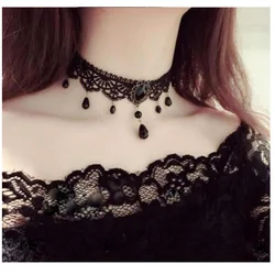 Gothic Victorian Black Lace Necklace Women Girl Sexy Velvet Choker Collar With Crystal Tassel Pendant Dark Style Neck Jewelry