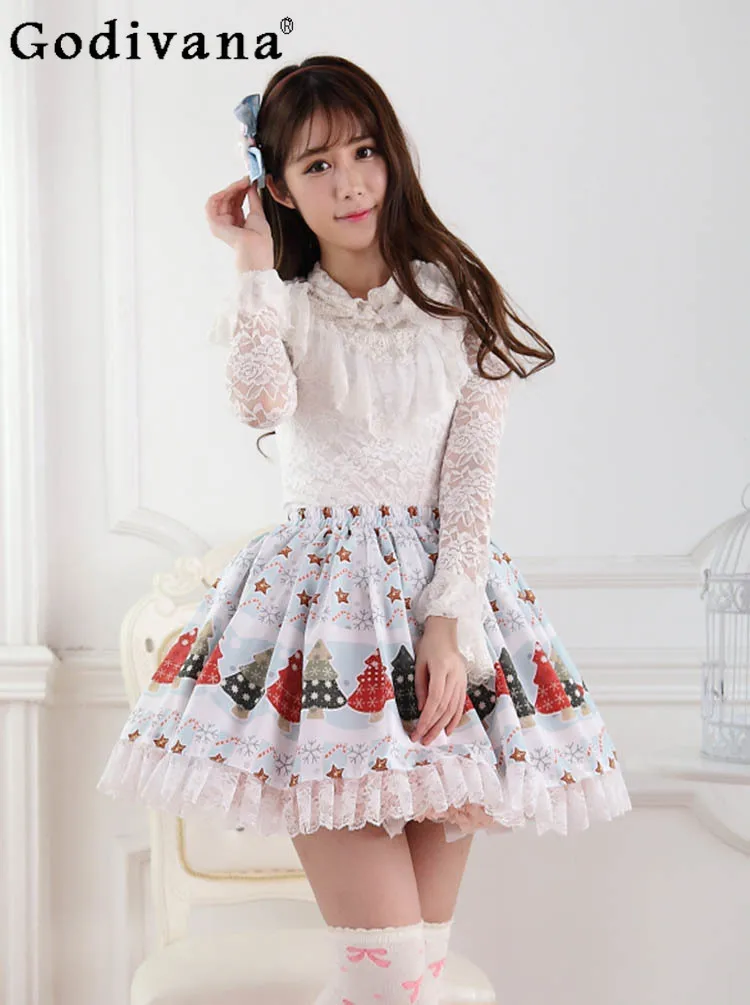 Original Japanese Style Christmas Lolita Princess Pleated Skirt Autumn Print Lace Stitching Loli Short Skirt Lady Sweet Skirts