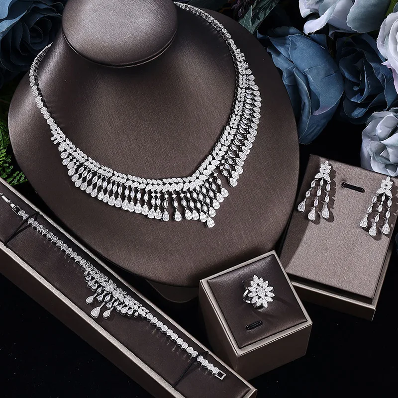 

Luxury Dubai Nigeria CZ Wedding Bridal Jewelry Set 4-piece Full Zirconia Tassel Necklace Jewelry for Women