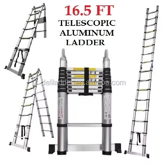 5M Euro Standard Double Telescopic Aluminum Ladder A Frame Portable Rapid Unlock Outdoor Ladder