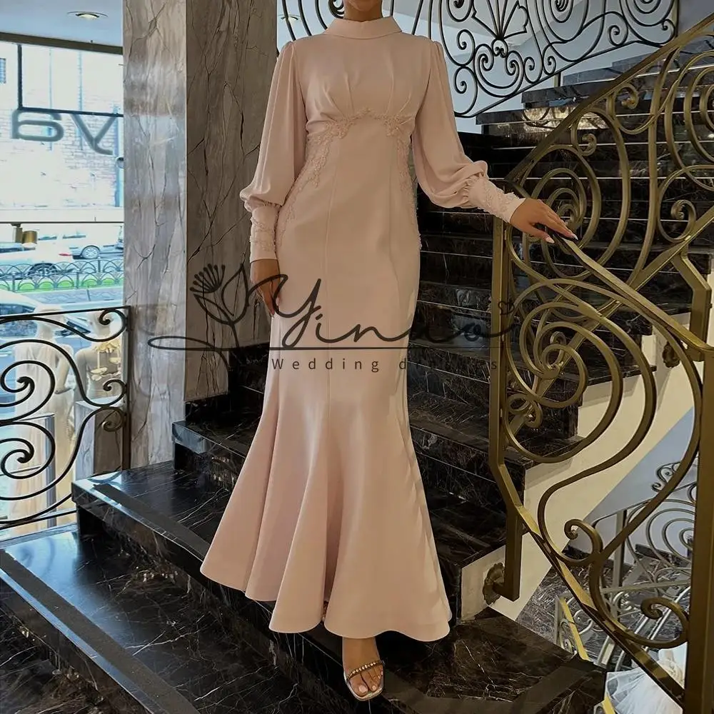 

customized A-line Evening Dresses Ankle-length High-neck Full Sleeve Prom Gown Fashion Sequined Pleat Simple Draped Party Gown