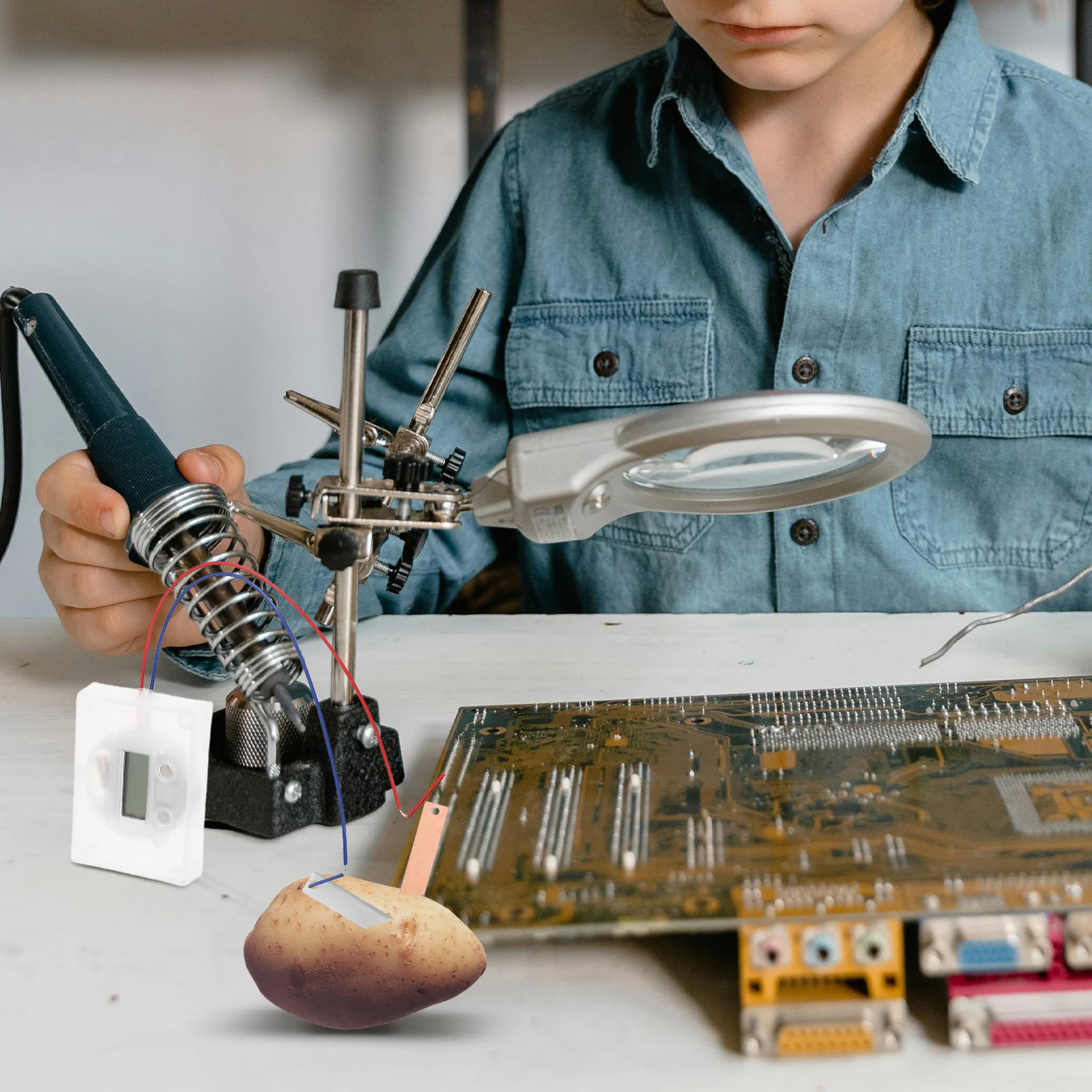 2 conjuntos de kit de experimento científico de frutas, relógio de batata diy, projeto educacional de ciências para estudantes, fornecimento de ensino