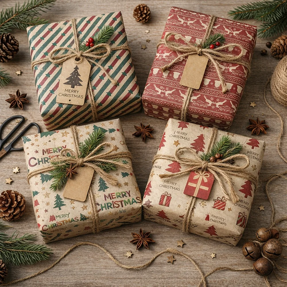 2pcs Christmas Gift Wrapping Paper Kraft Santa Claus Reindeer Gift Paper Christmas Party Supplies Paper and Random Ribbon Sets