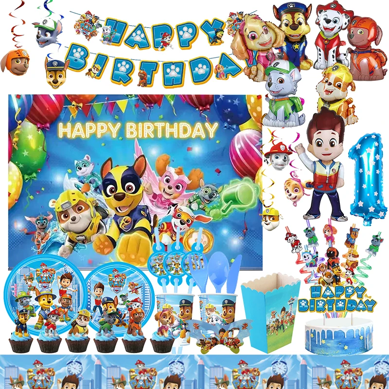 Paw Patrol Birthday Decoration Tableware Cup Tablecloth Plate Balloons Set Banner Background Theme event Party Supplies For Kids