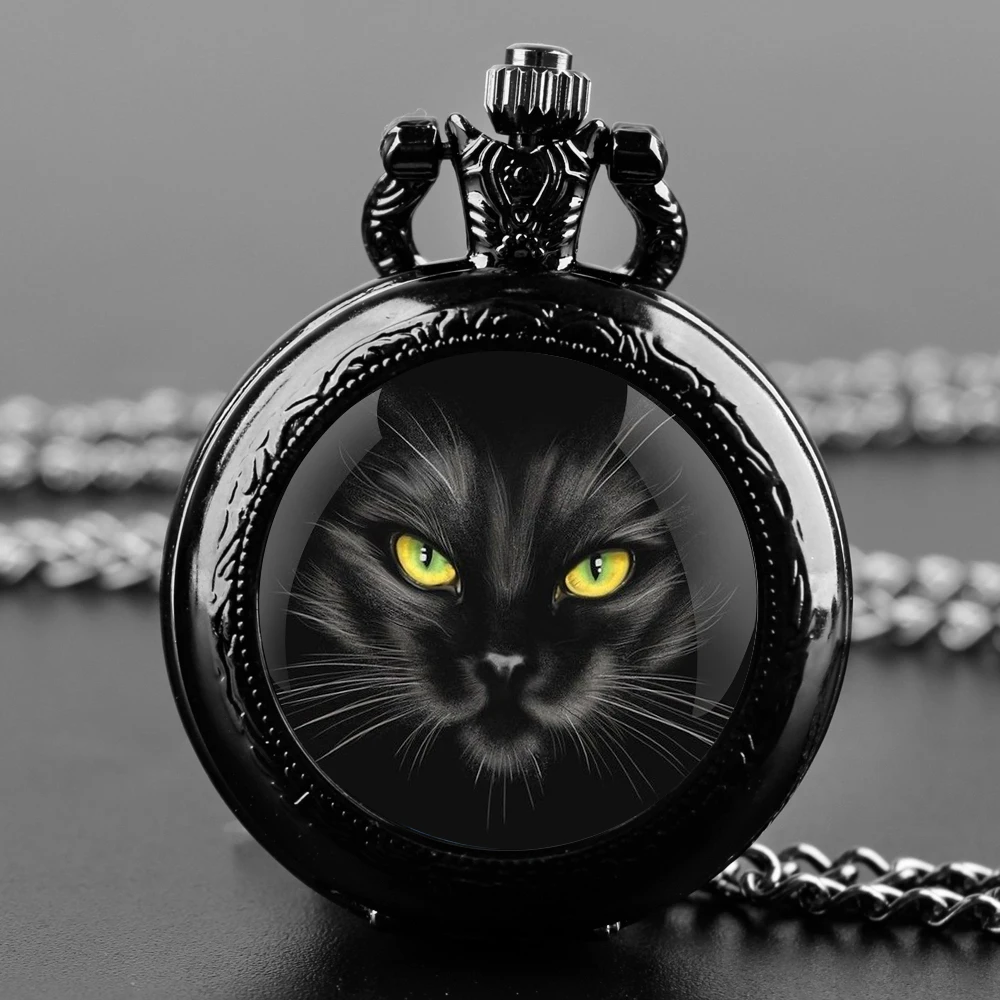 Black Cat Glass Dome Quartz Pocket Watch With Durable Chain Arabic Numeral Dial For Men And Women Creative Gifts