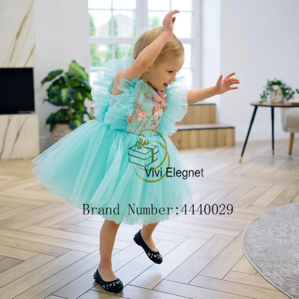 Cute Flower Girls Dresses with Seuqined Applique 2024 Soft Tulle Birthday Knee Length Wedding Party Dresses فلور فتاة اللباس