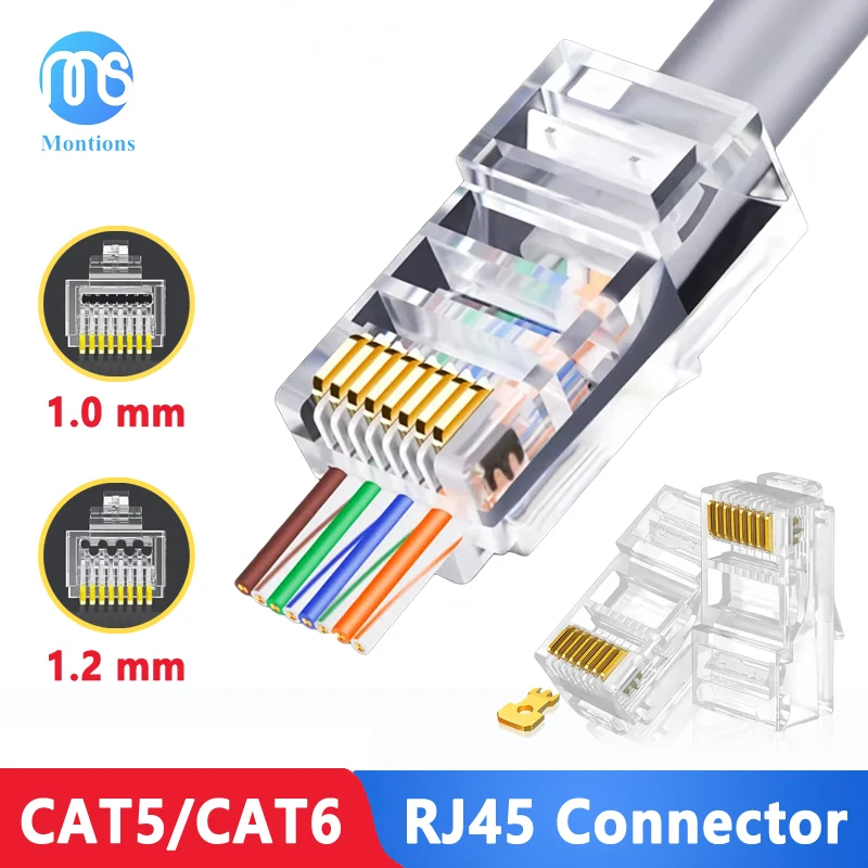 Montions RJ45 Pass Through Connectors Premium Cat6A Cat6 Cat5e 8P8C Gold Plated for Solid or Stranded UTP Ethernet Cable